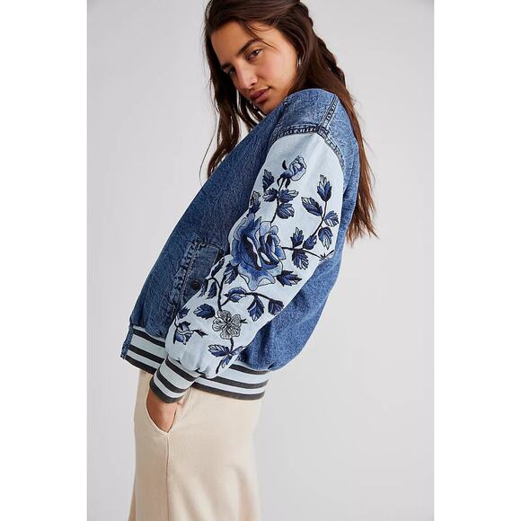 New Free People WTF Team Spirit Jacket $298 SMALL Stone Blue Floral Embroidery - Picture 2 of 8